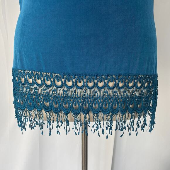 Vintage Top Size Large Blue Solid Lace Fringe Hem Boho Casual Stretch Y2K 90s - Picture 3 of 13
